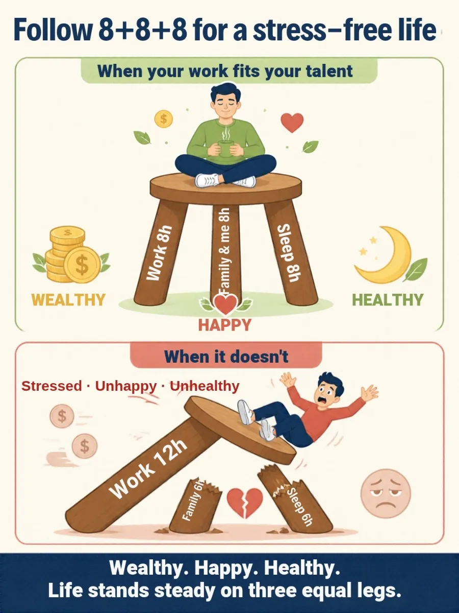 8+8+8: when your work fits your talent, 8 hours of work makes you wealthy, 8 hours with family keeps you happy and 8 hours of sleep keeps you healthy. When it doesn't, work stretches to 12 hours and life tips over.