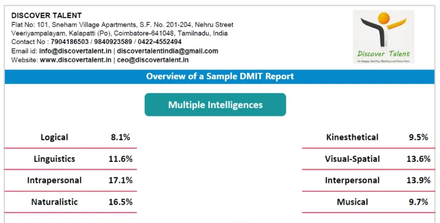 Sample report page: the Multiple Intelligences overview, showing the share of each of the eight intelligences (logical, linguistic, intrapersonal, naturalistic, kinesthetic, visual-spatial, interpersonal and musical)